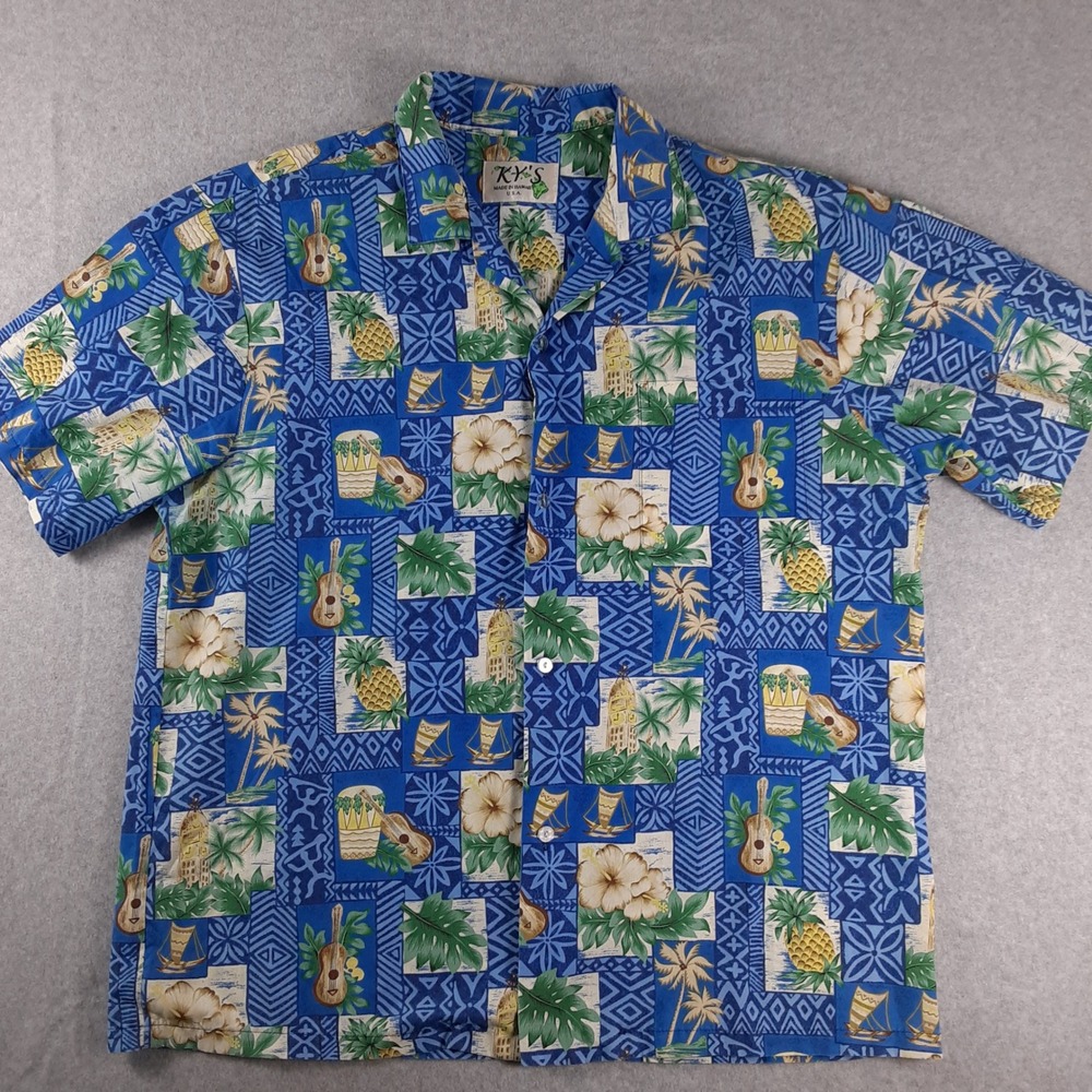 KY'S Mens Hawaiian Shirt Blue Tropical Ukulele Pineapple Made in Hawaii USA XL